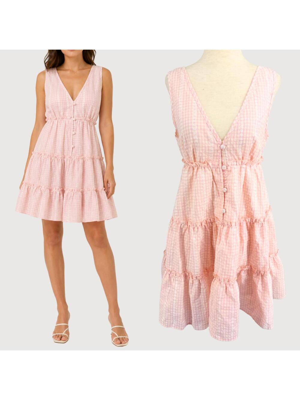 Cider NWT Cottage Gingham Babydoll Dress Blush XS